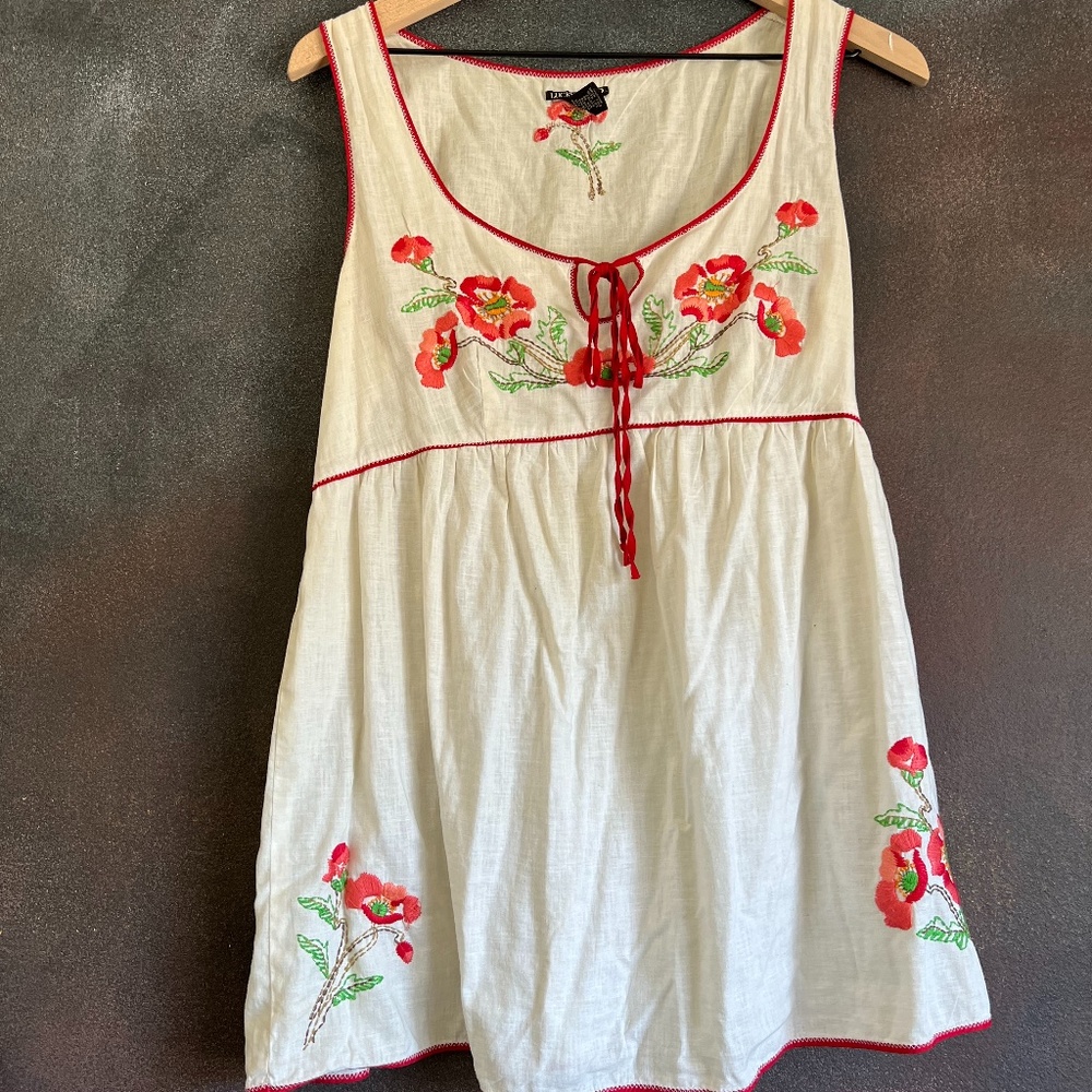 Lucky Brand Linen Embroidered Floral Poppy Boho Top